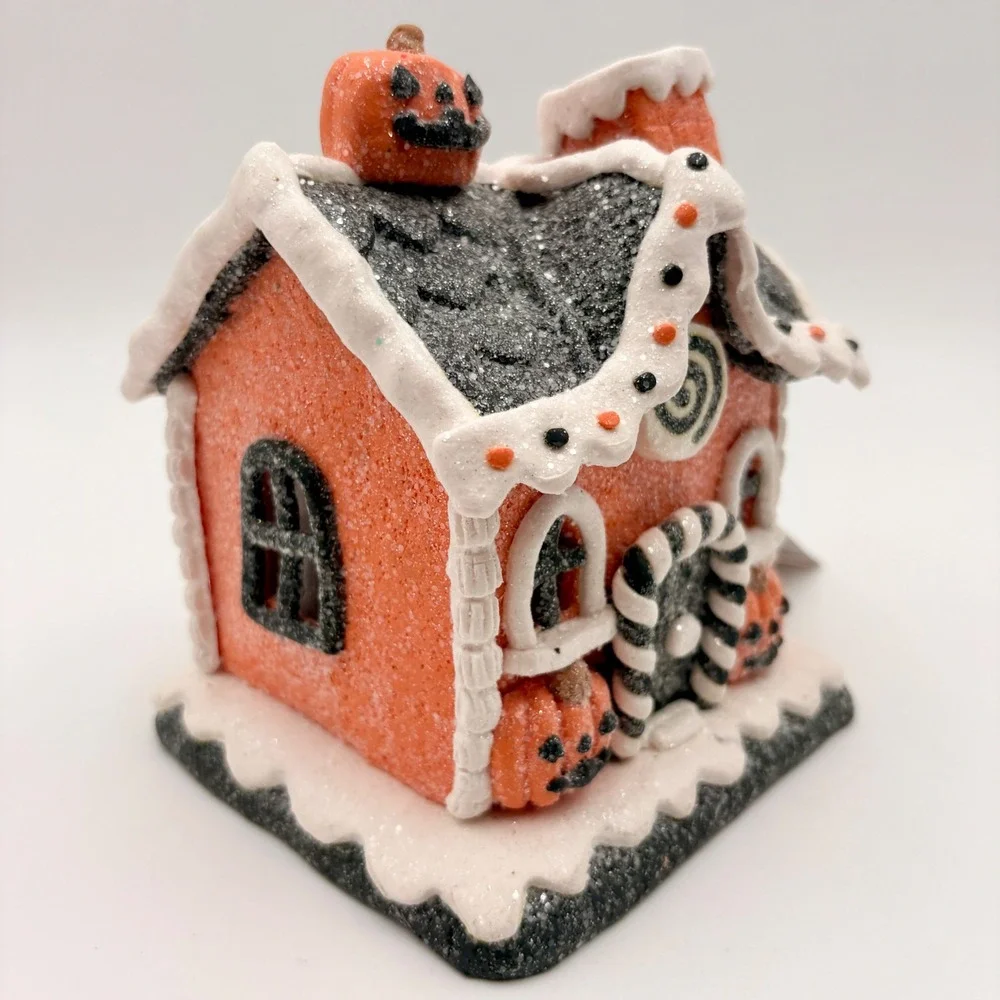 Jack O Lantern LED Lane Halloween Gingerbread House Orange Black Glitter Decor
